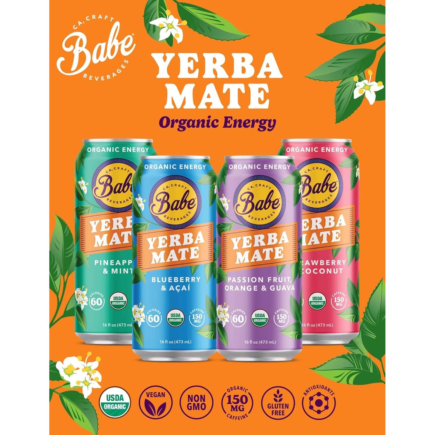 Babe Bebida Energética de Yerba Mate Orgánica 150mg Cafeína - Fruta de la Pasión, Naranja y Guayaba (12 x 473ml)