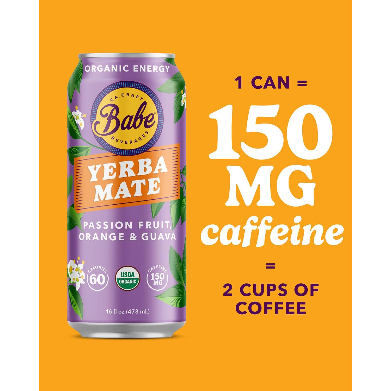 Babe Bebida Energética de Yerba Mate Orgánica 150mg Cafeína - Fruta de la Pasión, Naranja y Guayaba (12 x 473ml)
