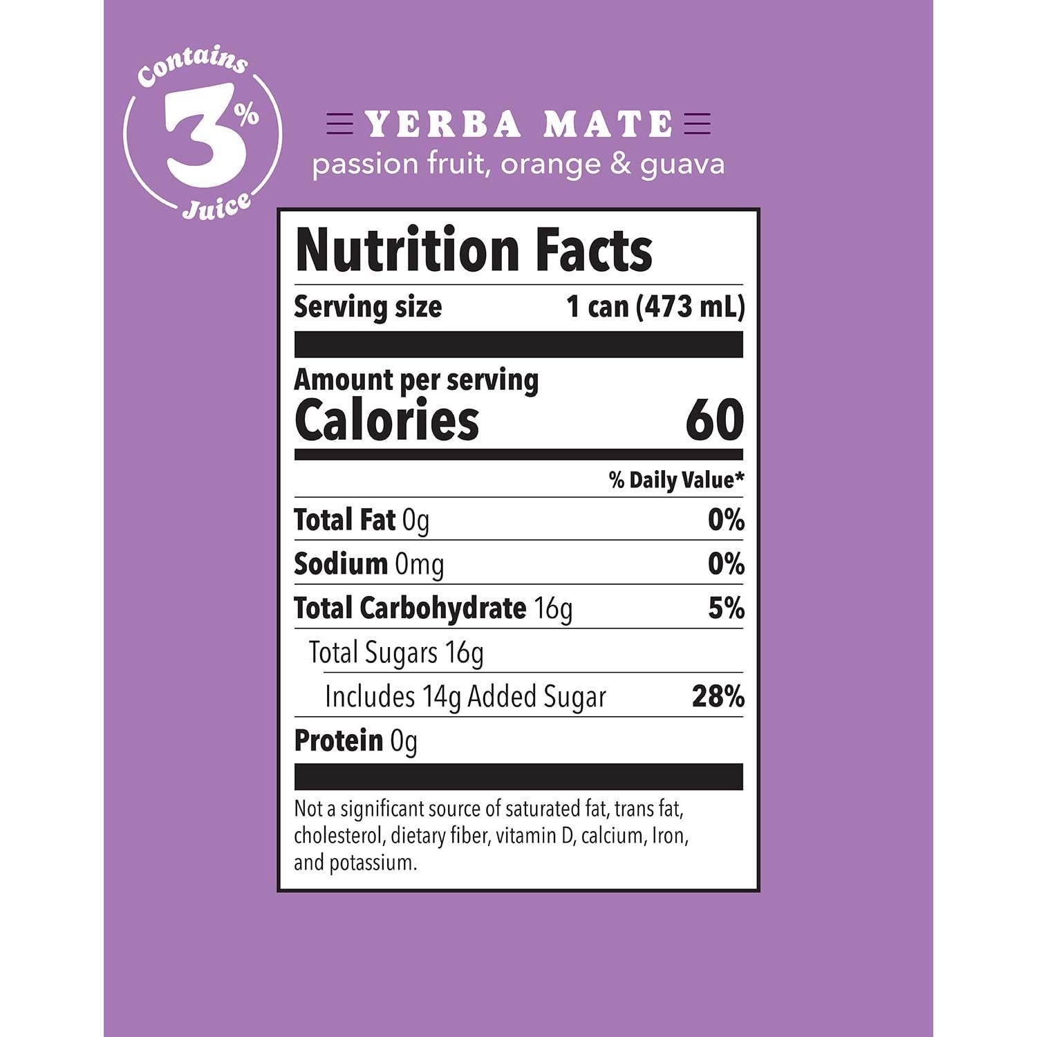 Babe Bebida Energética de Yerba Mate Orgánica 150mg Cafeína - Fruta de la Pasión, Naranja y Guayaba (12 x 473ml)