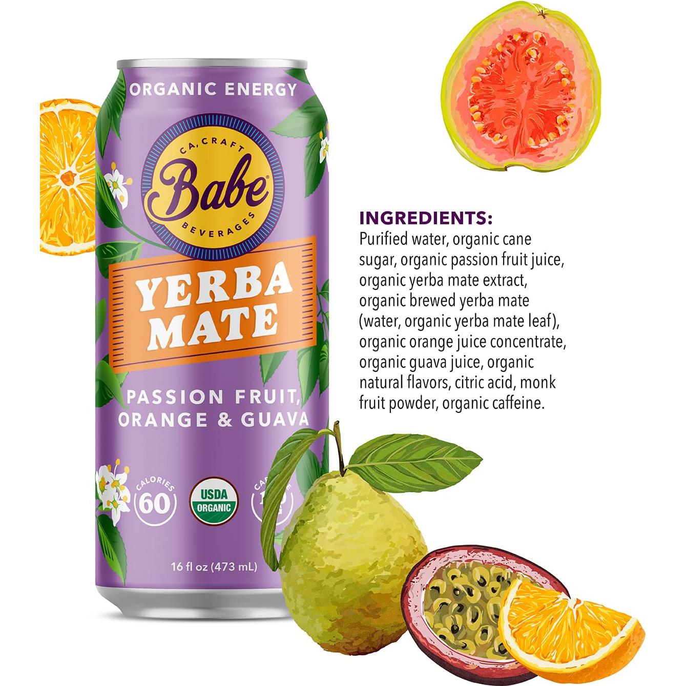 Babe Bebida Energética de Yerba Mate Orgánica 150mg Cafeína - Fruta de la Pasión, Naranja y Guayaba (12 x 473ml)