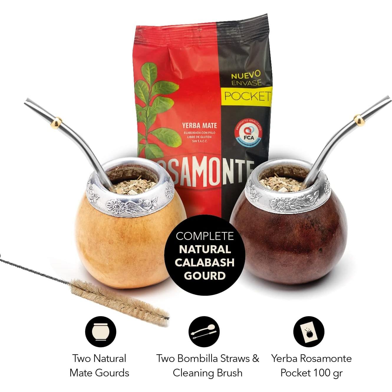 Set de Yerba Mate Balibetov - 2 Calabazas, 2 Bombillas, 1 Cepillo, 100g