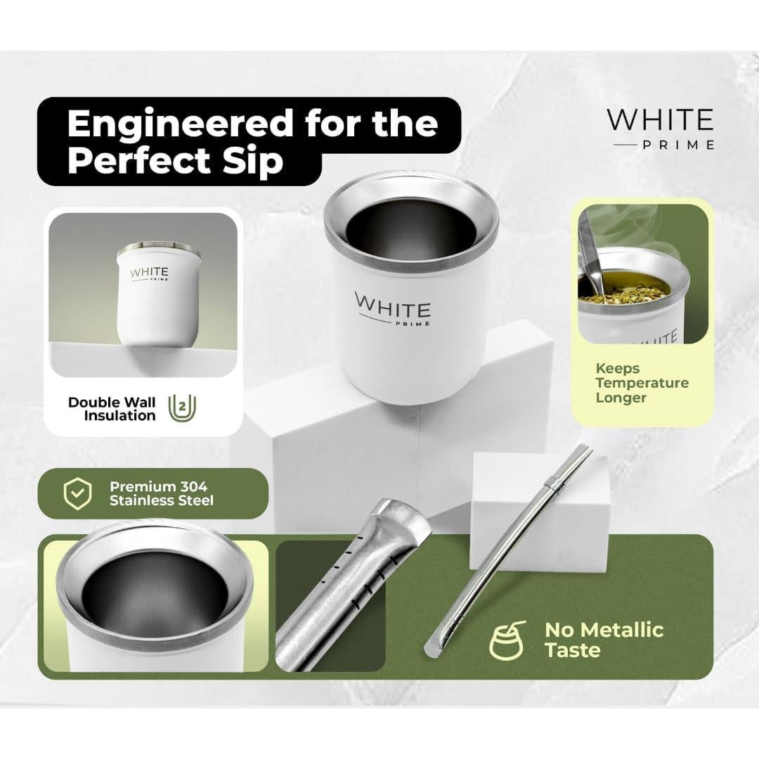 Taza de Mate 6 oz WHITE Prime con Bombilla de Acero Inoxidable