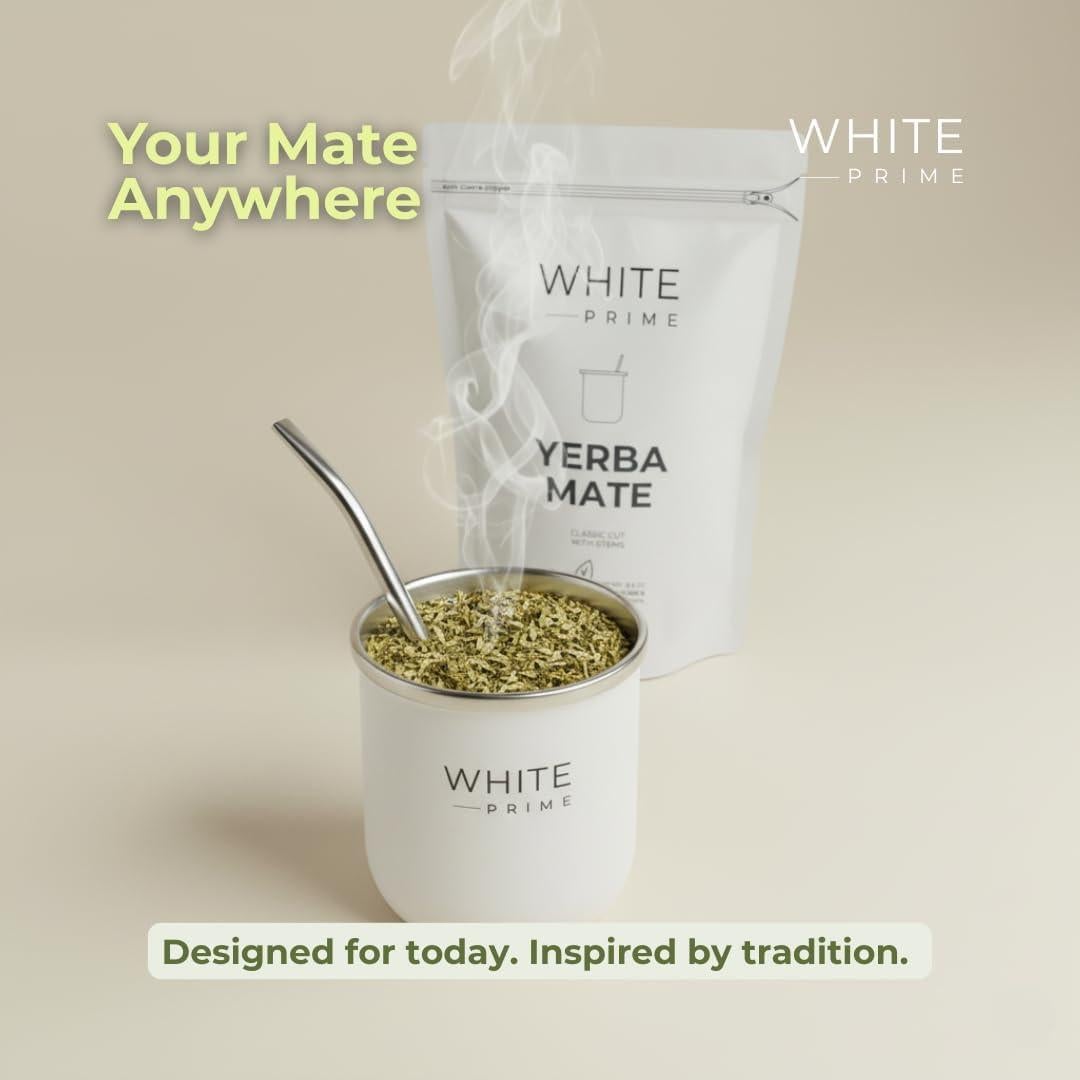 Taza de Mate 6 oz WHITE Prime con Bombilla de Acero Inoxidable