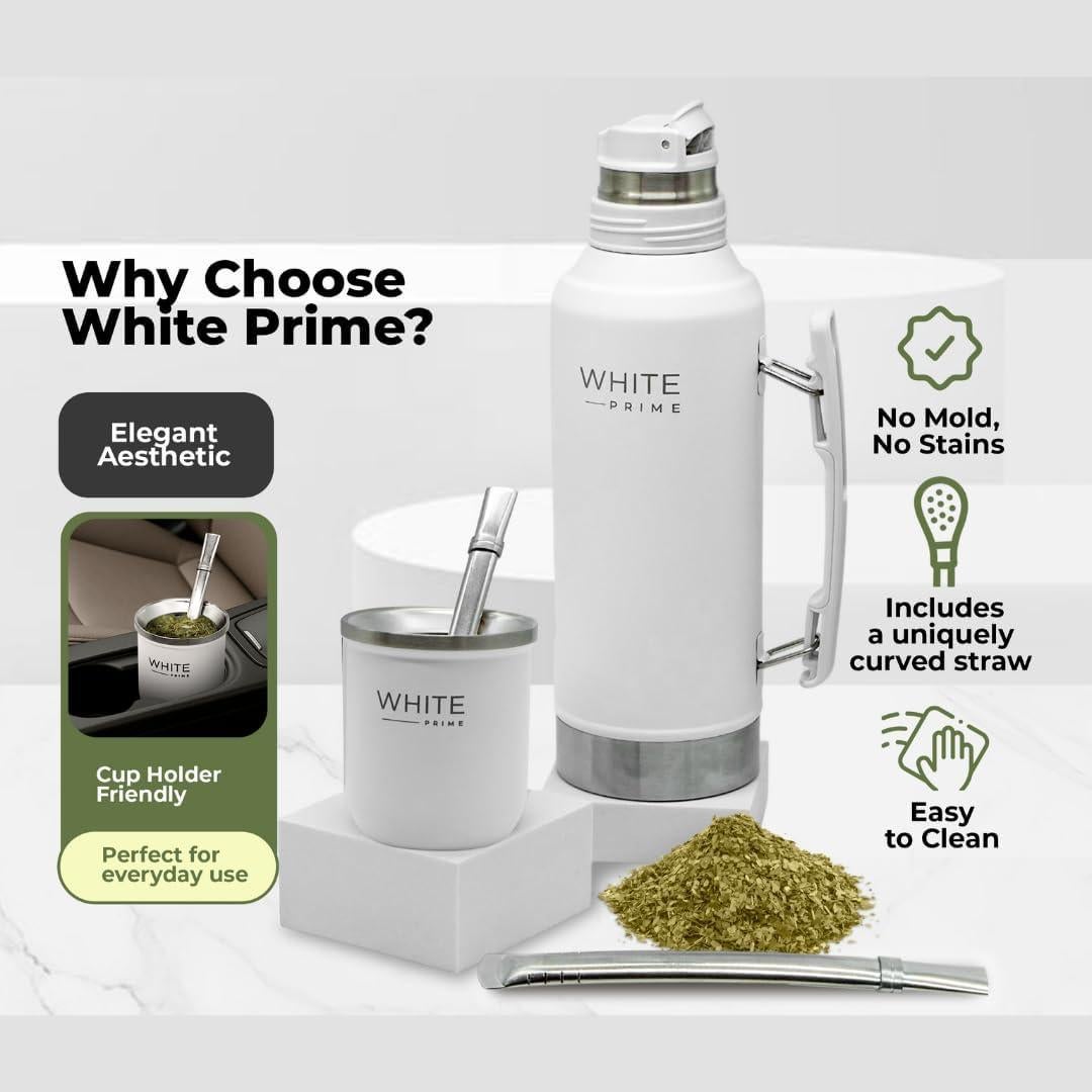 Taza de Mate 6 oz WHITE Prime con Bombilla de Acero Inoxidable