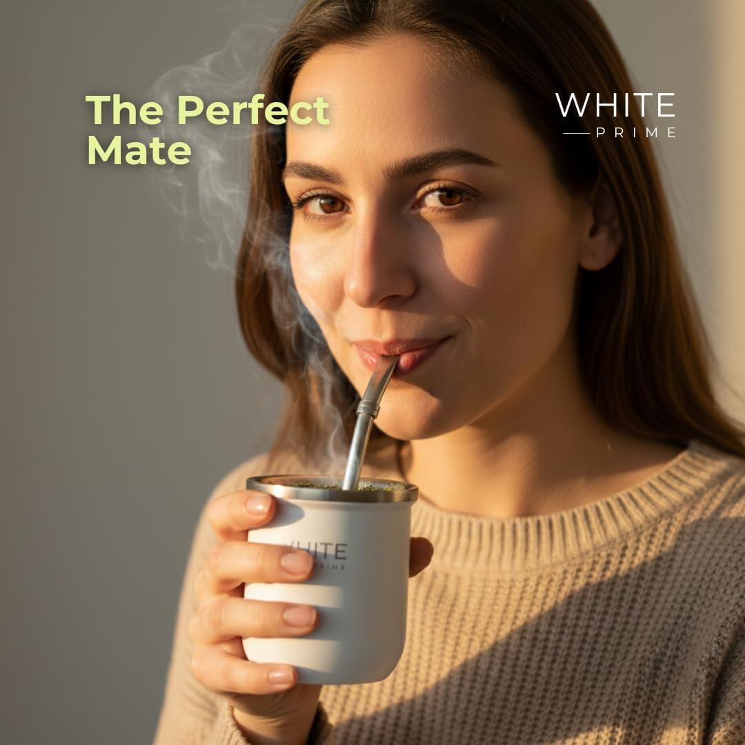 Taza de Mate 6 oz WHITE Prime con Bombilla de Acero Inoxidable
