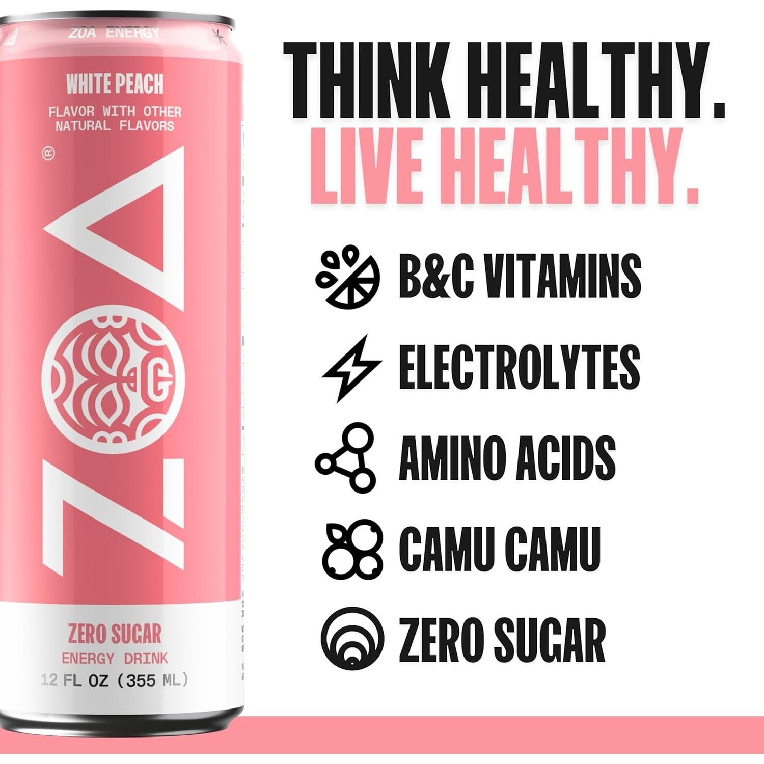Bebida Energética ZOA Sin Azúcar Durazno Blanco 12 Latas 355ml
