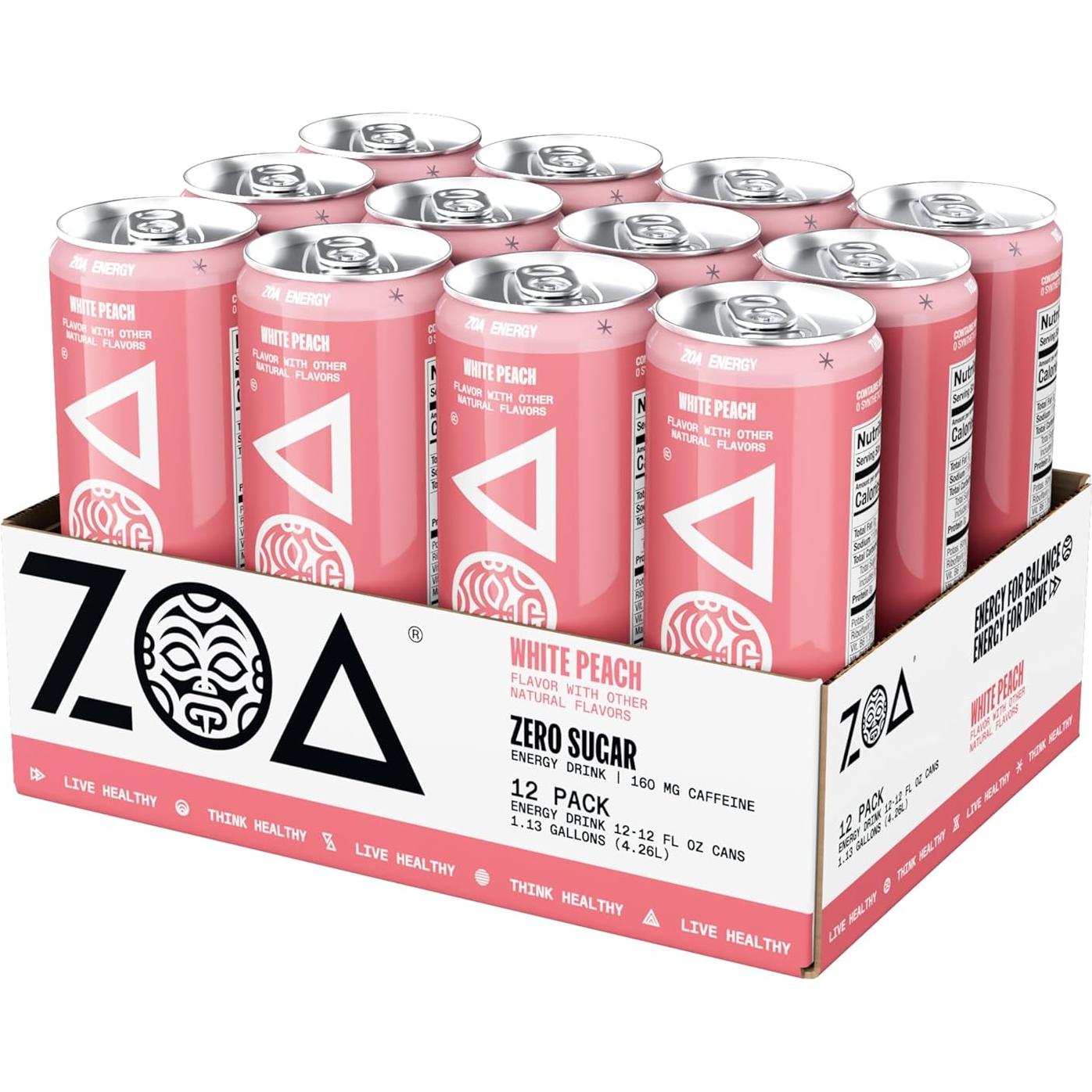 Bebida Energética ZOA Sin Azúcar Durazno Blanco 12 Latas 355ml