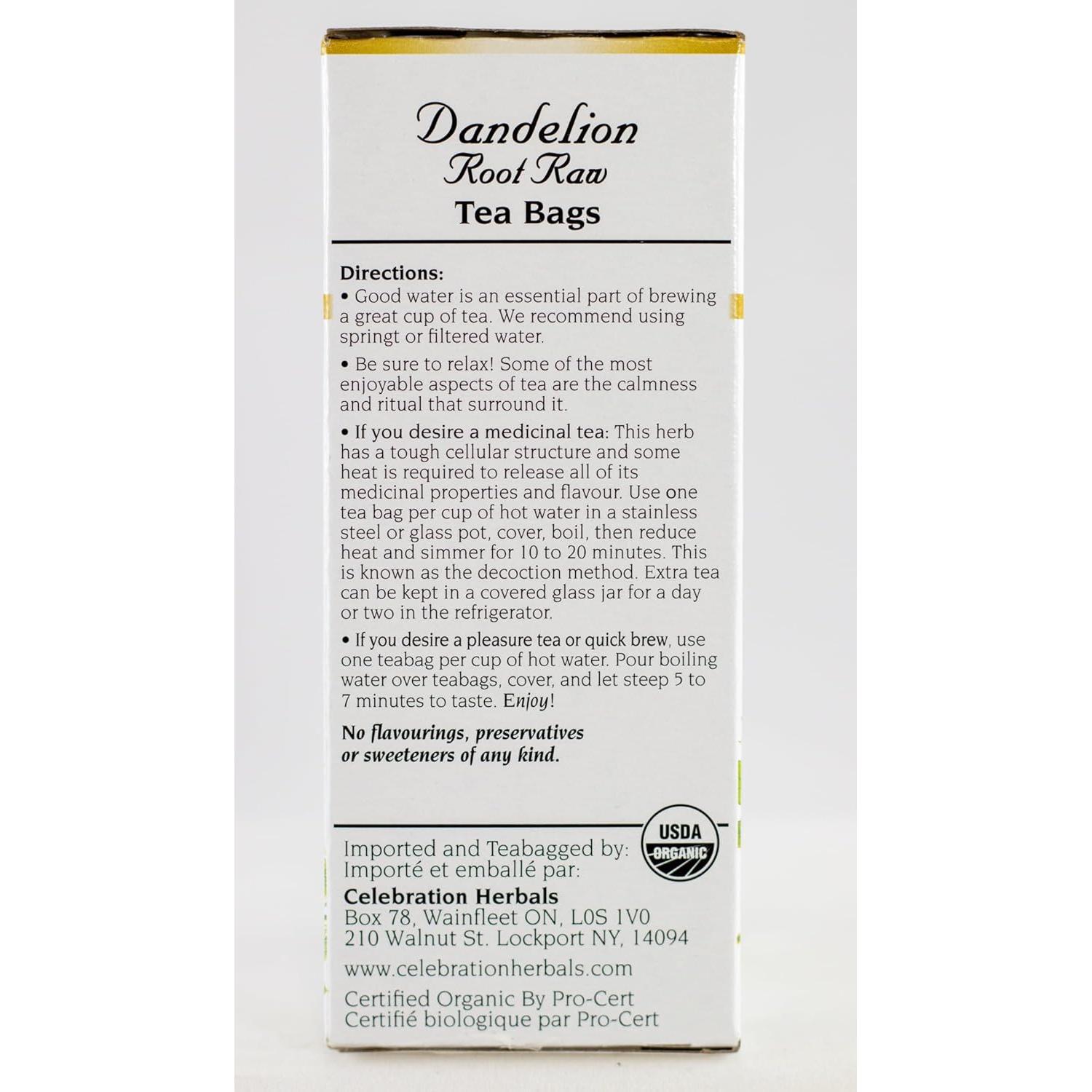 Té Crudo Orgánico Celebration Herbals Raíz de Diente de León 24 Bolsitas