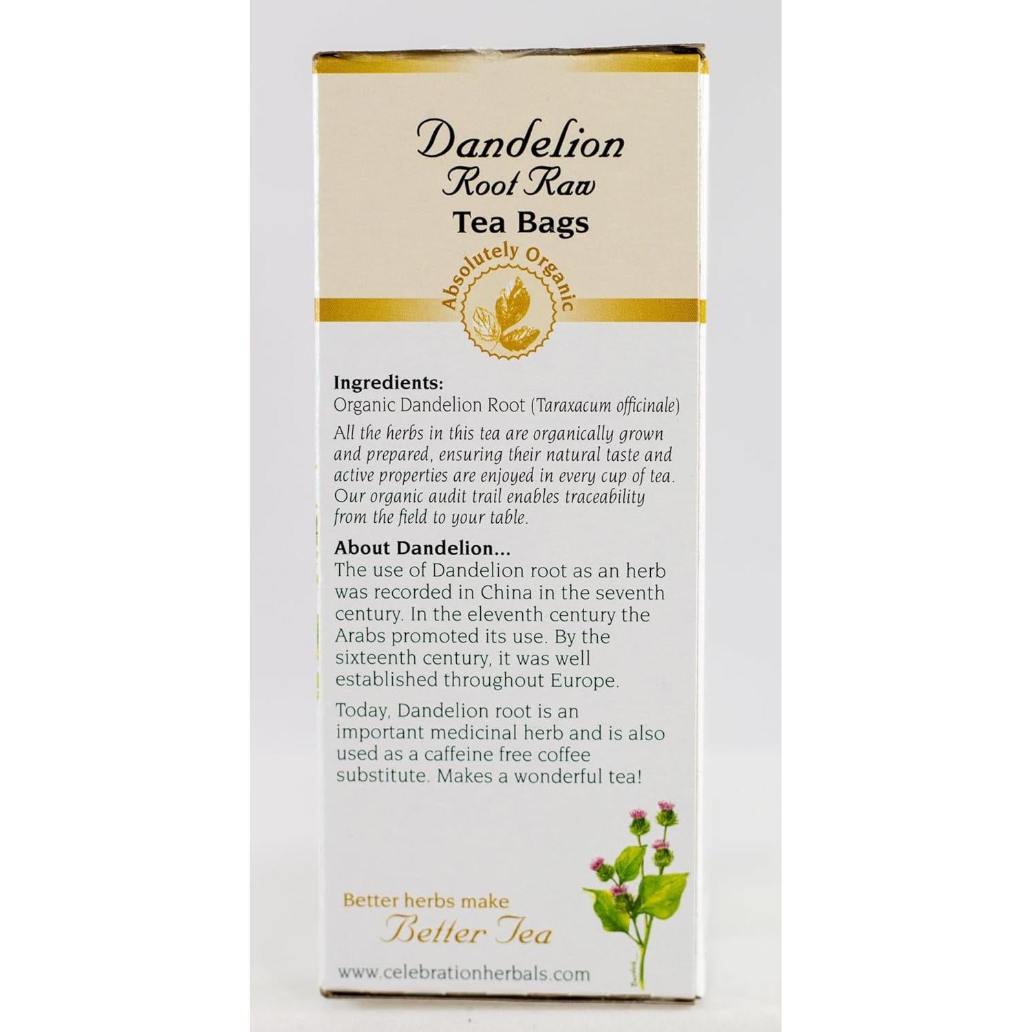 Té Crudo Orgánico Celebration Herbals Raíz de Diente de León 24 Bolsitas