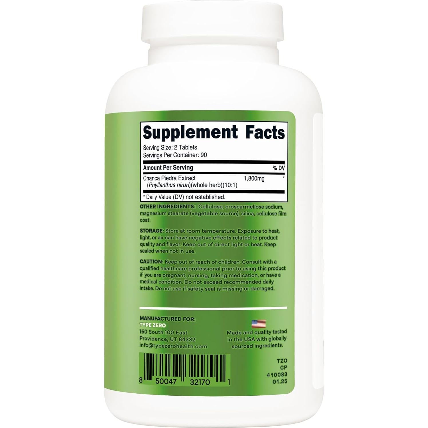 Suplemento Chanca Piedra Type Zero 180 Tabletas 1800mg