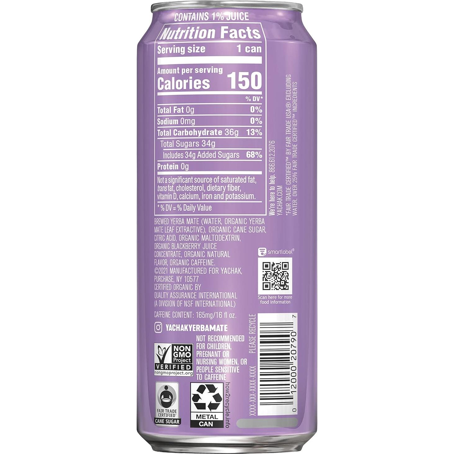 Bebida de Yerba Mate Orgánica Yachak Sabor Mora - 12 Latas 473ml