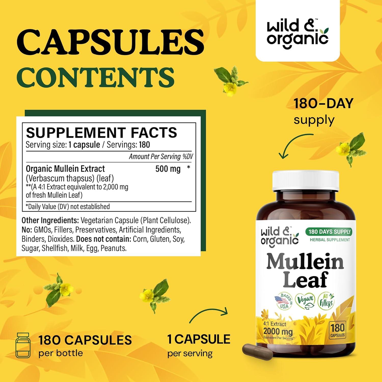 Cápsulas de Mullein Silvestre y Orgánico 2000 mg - 180 Veganas