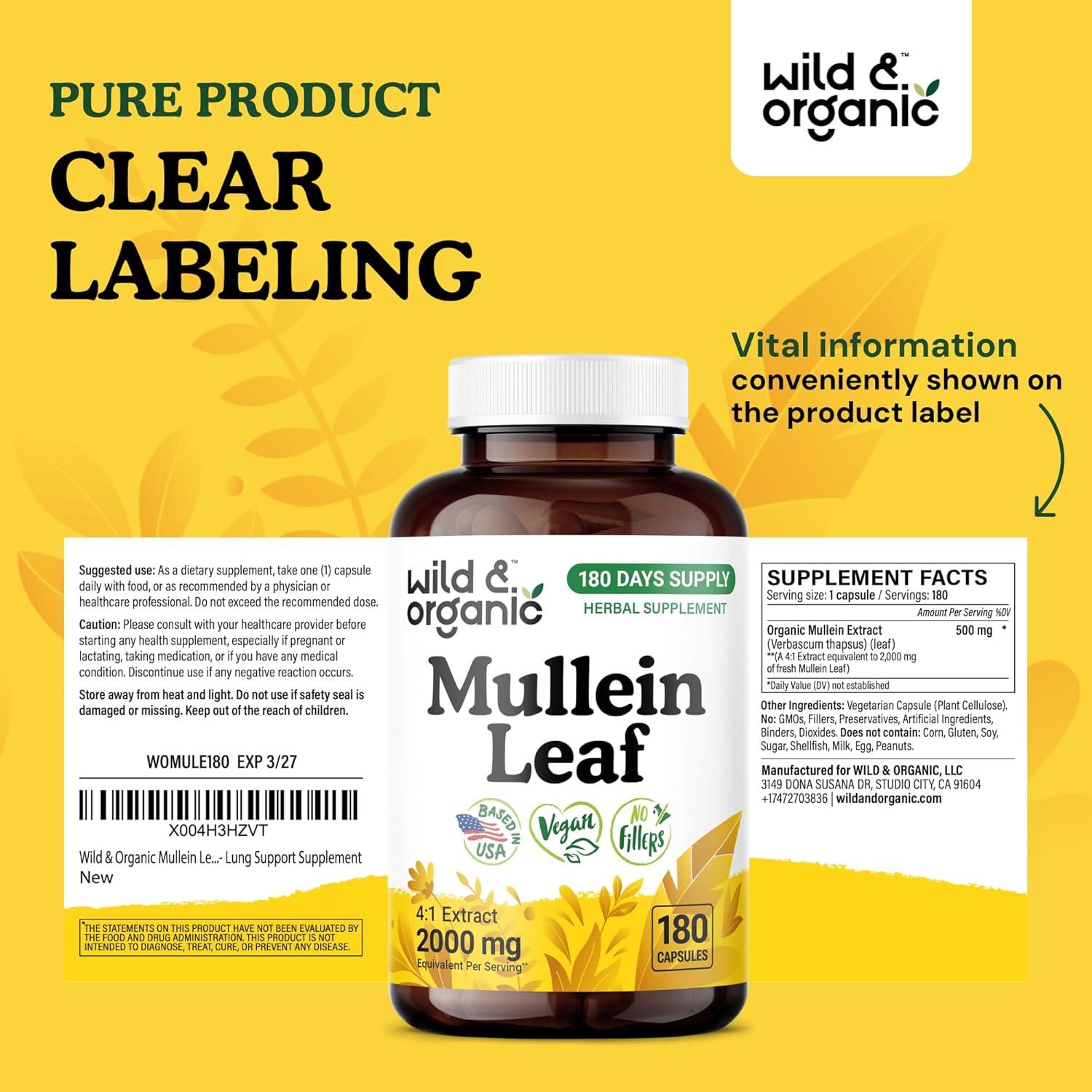 Cápsulas de Mullein Silvestre y Orgánico 2000 mg - 180 Veganas