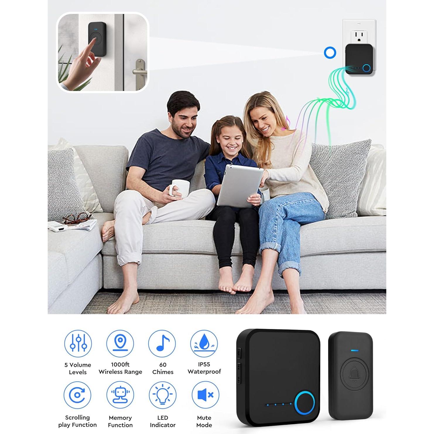 Timbre Inalámbrico FOVKSUC Negro 1000ft 60 Melodías