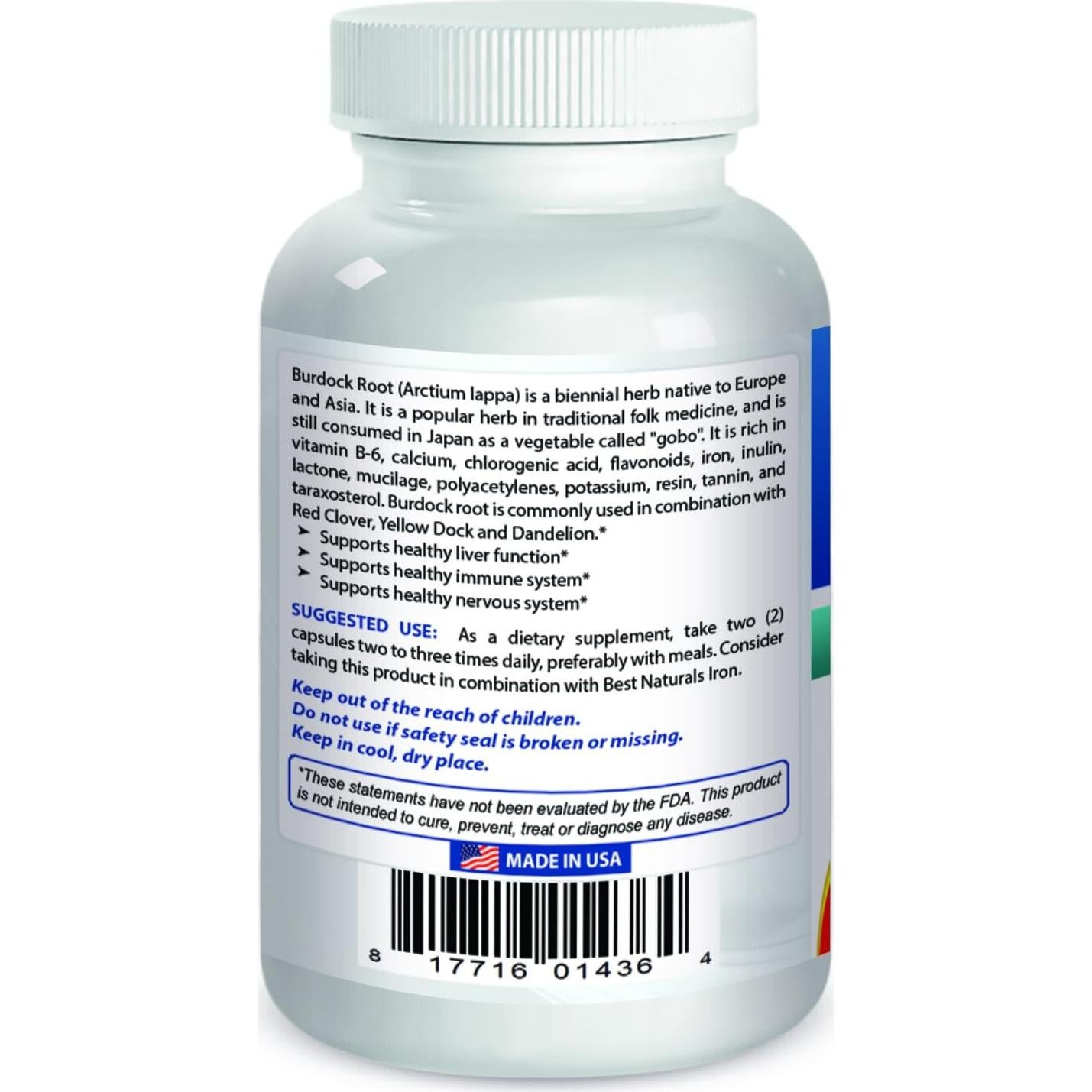 Raíz de Bardana Best Naturals 425 mg - 180 Cápsulas