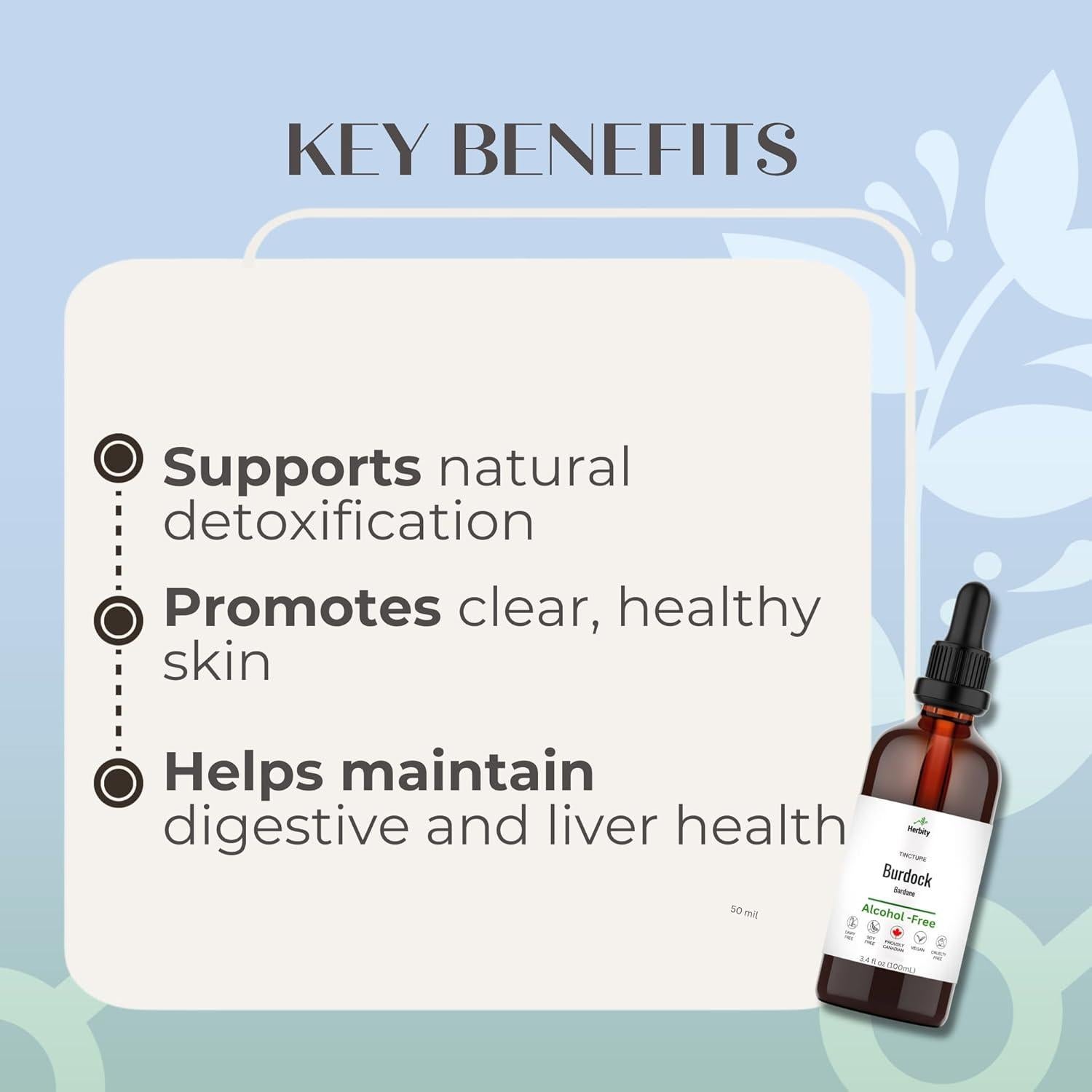 Tintura de raíz de bardana Herbity 100 ml - Sin alcohol, vegano