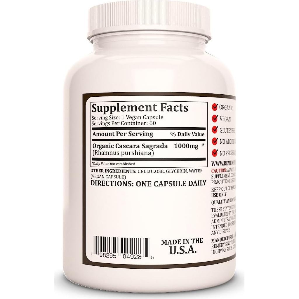 Cápsulas de Cascara Sagrada Remedy's Nutrition 1000 mg 60 Veganas