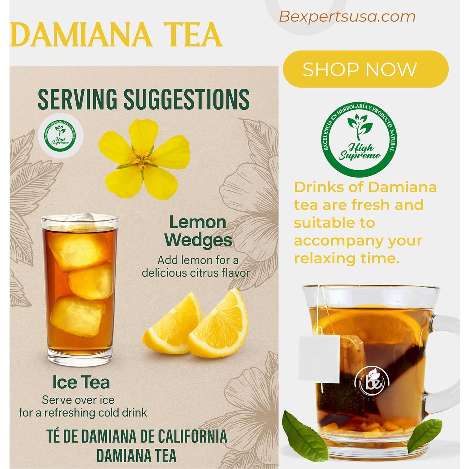 Té de Damiana 100% Natural - 3 Paquetes de 25 Bolsitas - Sin Cafeína - Hecho en México