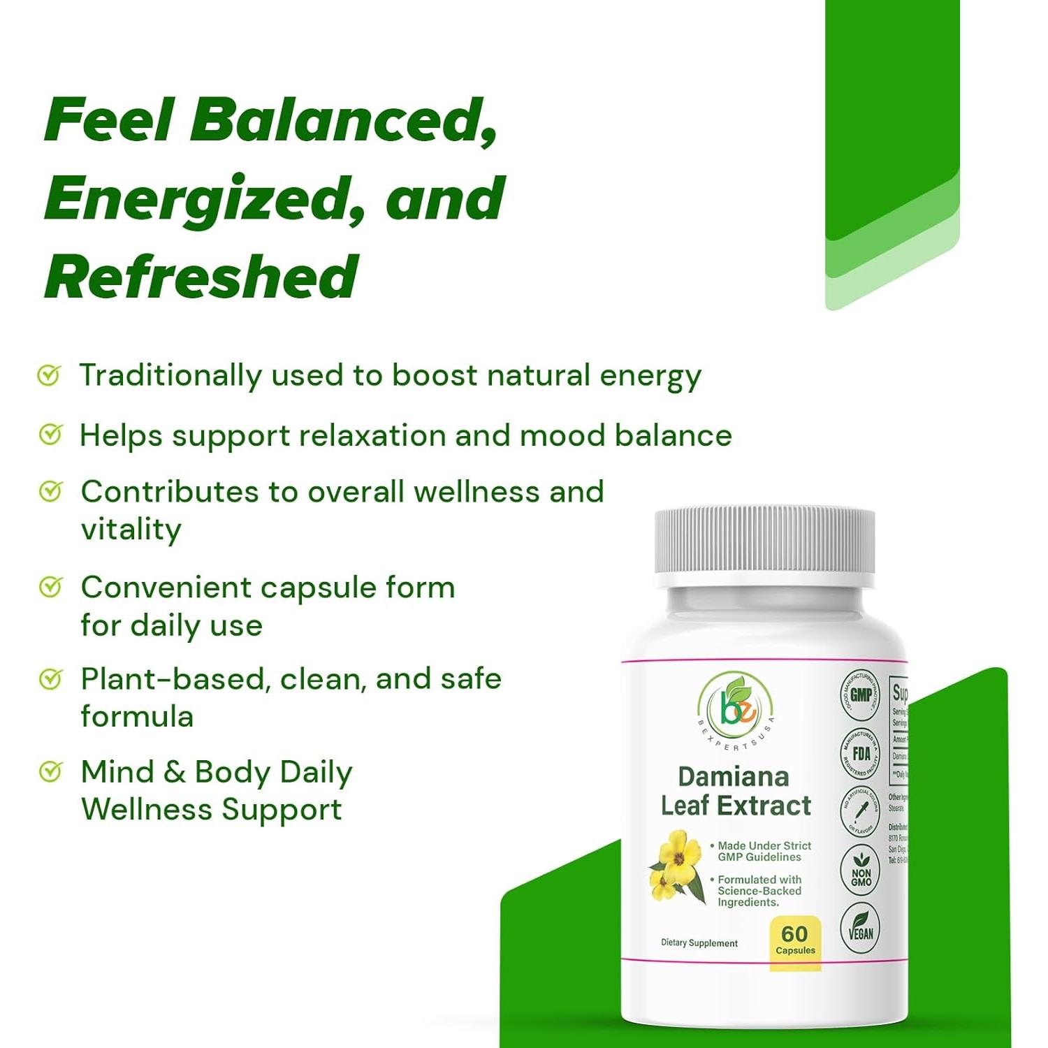 Cápsulas de Hoja de Damiana BEXPERTUSA - 60 Unidades - Energía y Bienestar