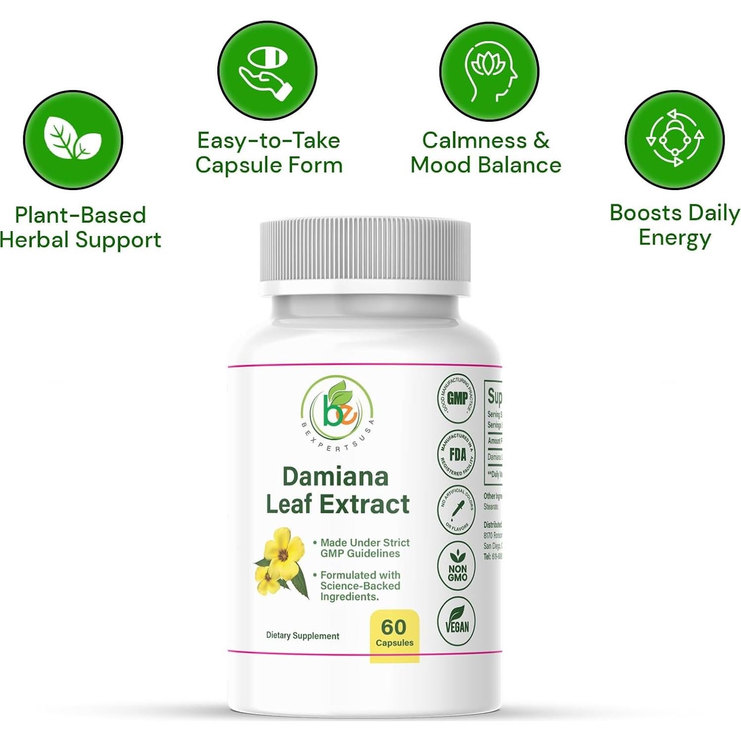 Cápsulas de Hoja de Damiana BEXPERTUSA - 60 Unidades - Energía y Bienestar