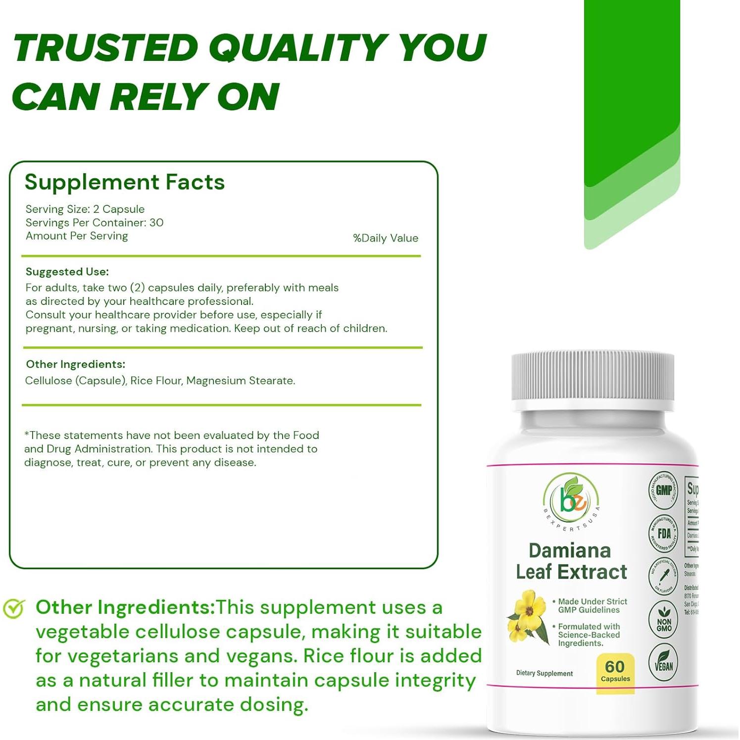 Cápsulas de Hoja de Damiana BEXPERTUSA - 60 Unidades - Energía y Bienestar