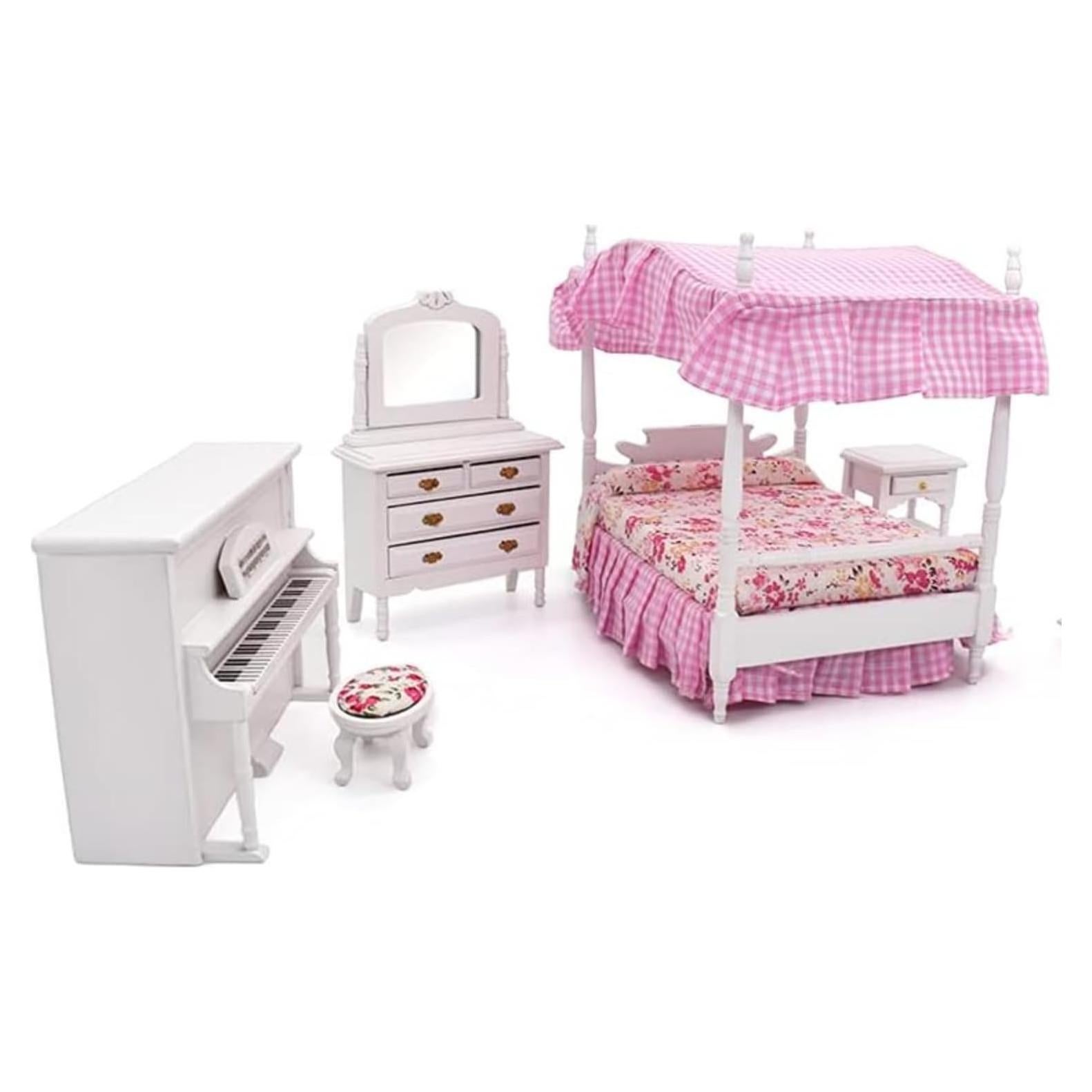 iLAND Wooden Dollhouse Furniture on 1/12 Scale for Girls of Pink Dollhouse Bedroom Set w/Piano (Pink Dollhouse Furniture Set 5pcs)