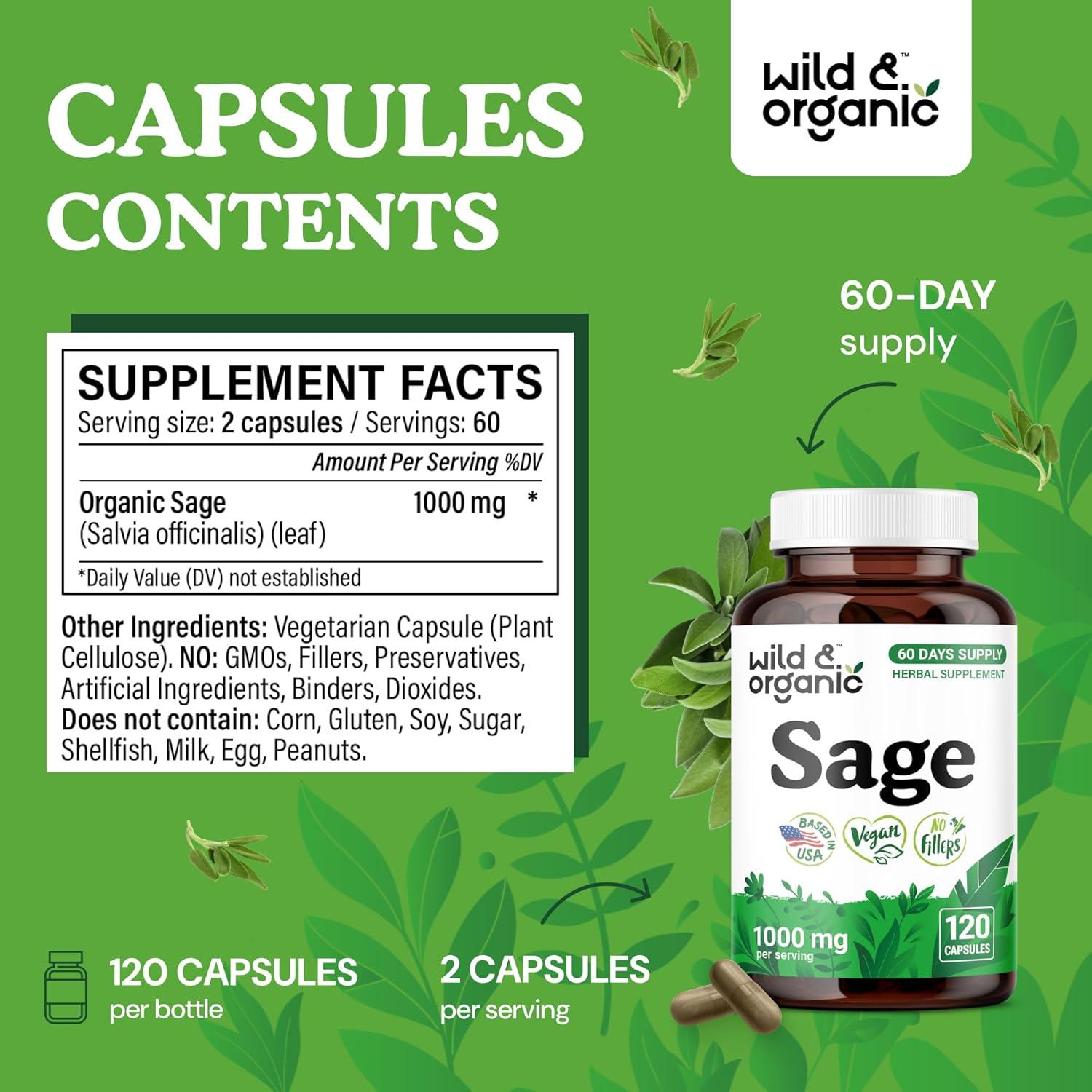 Cápsulas de Salvia Silvestre 1000 mg - Wild & Organic - 120 Unidades