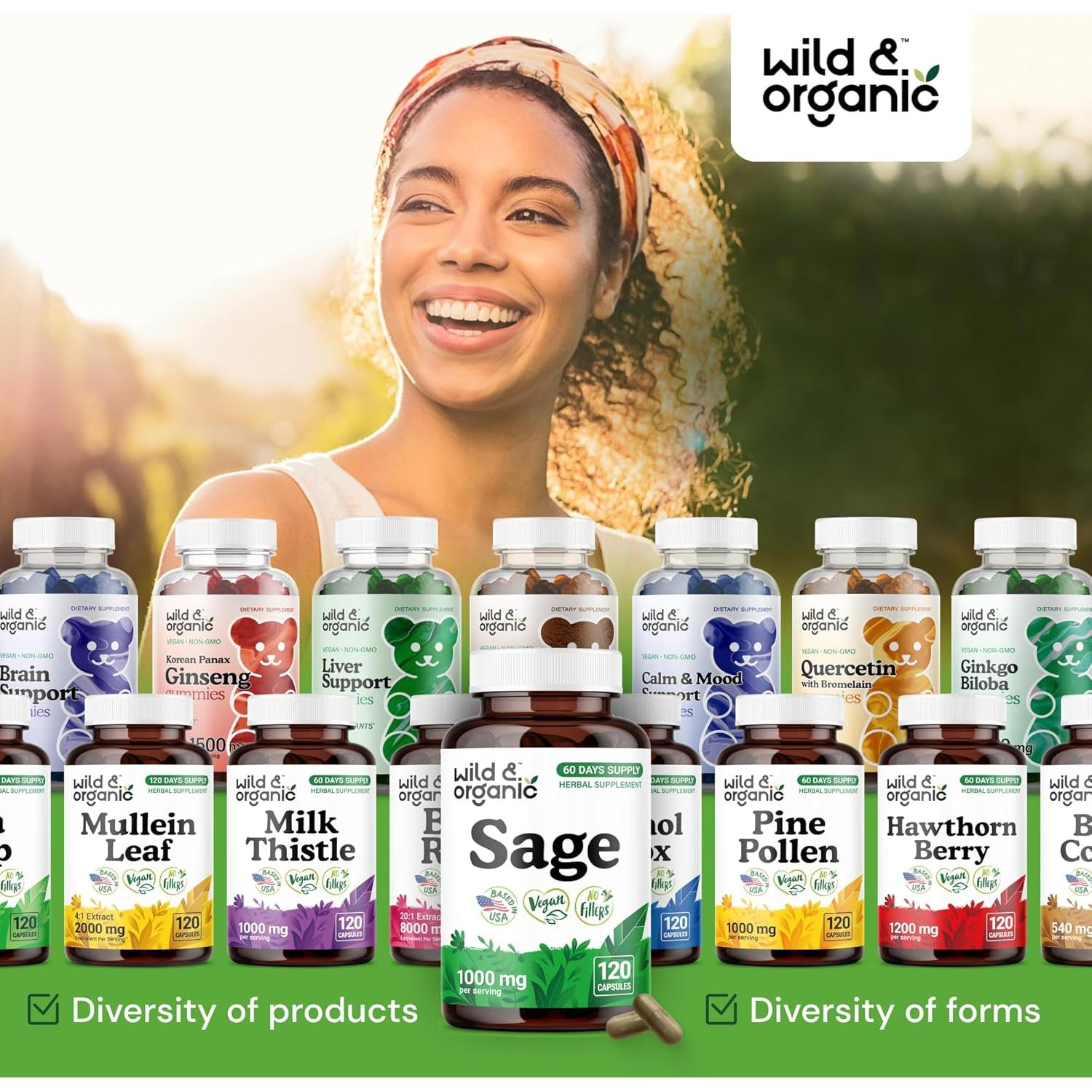 Cápsulas de Salvia Silvestre 1000 mg - Wild & Organic - 120 Unidades