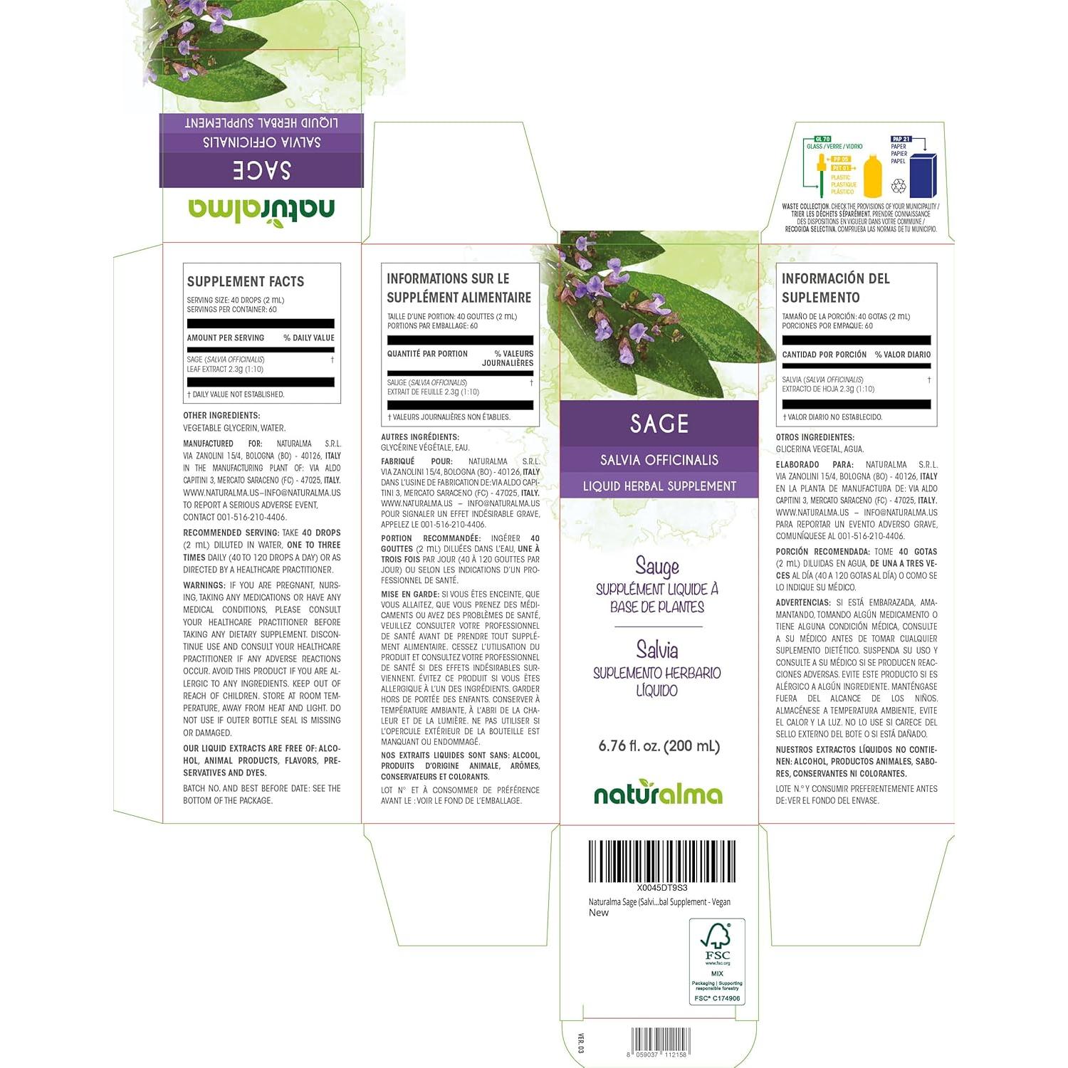 Tintura de Salvia Naturalma 200 ml - Suplemento Herbal Vegano