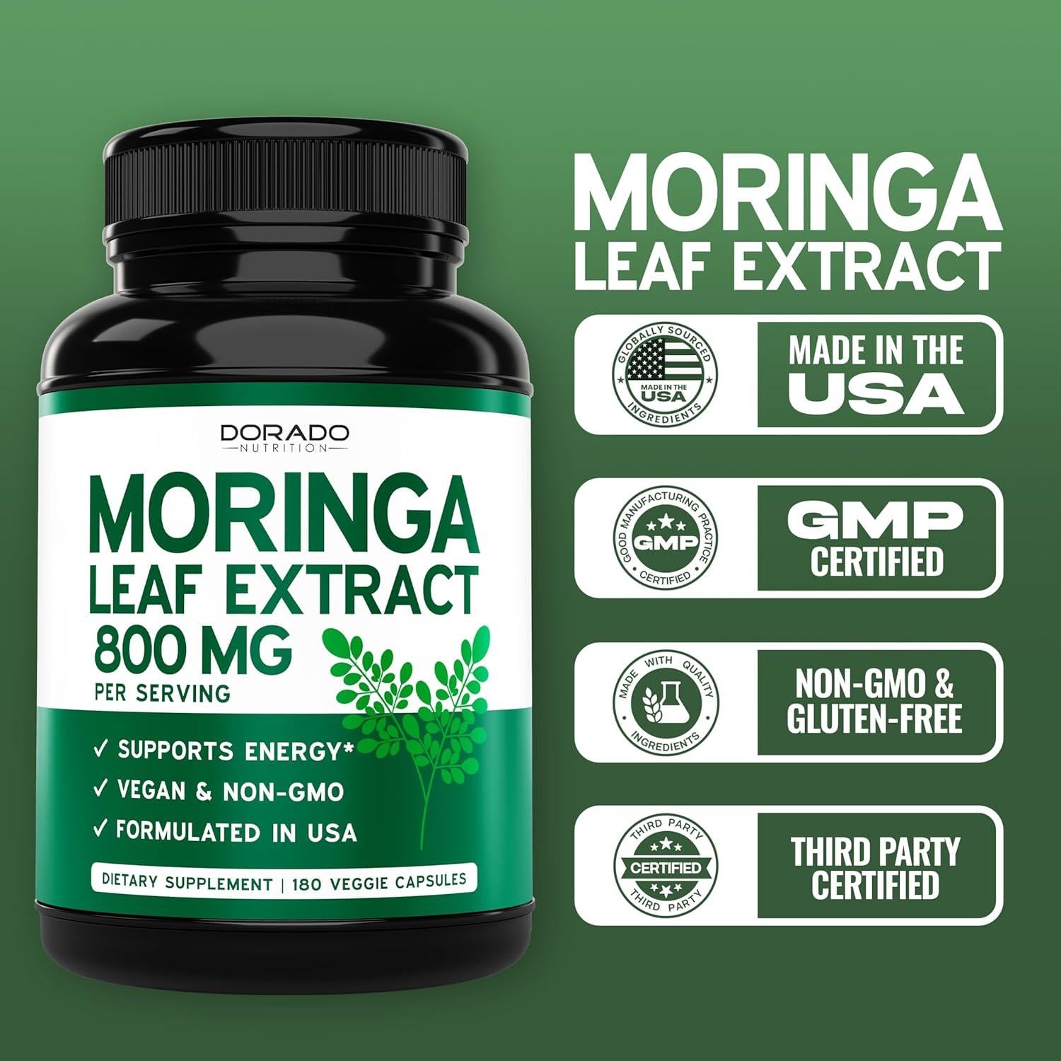 Cápsulas de Moringa Orgánica 800mg - Dorado Nutrition - 180 Unidades