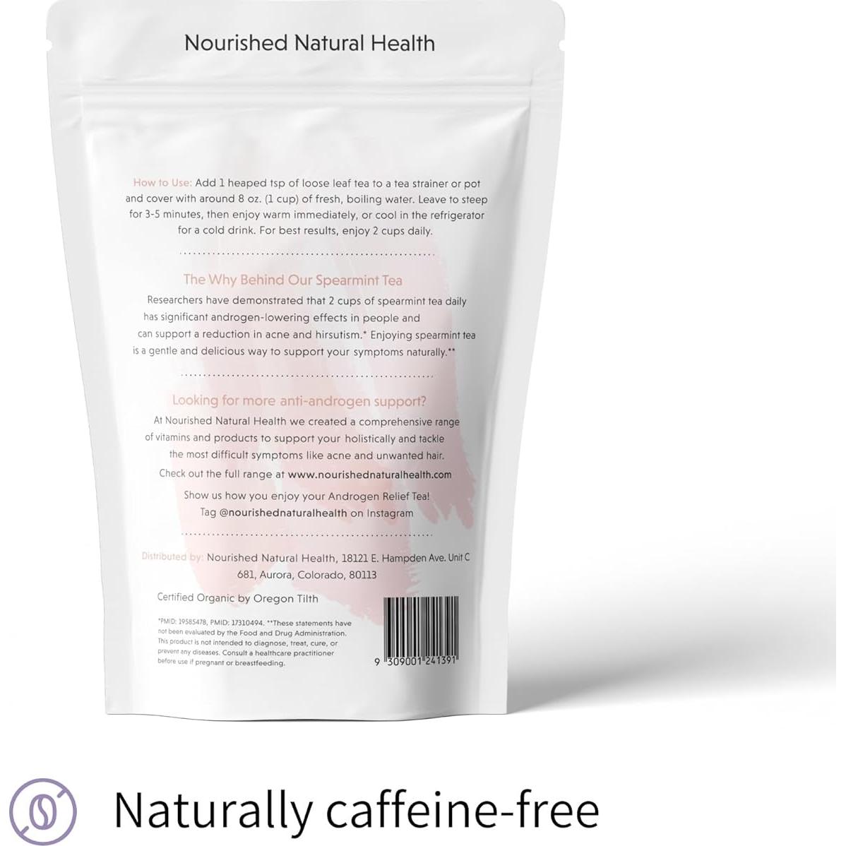 Nourished Androgen Relief Spearmint Tea - Organic Herbal Spearmint Tea for Clear Skin and Reduced Unwanted Facial Hair Growth - 120 Servings