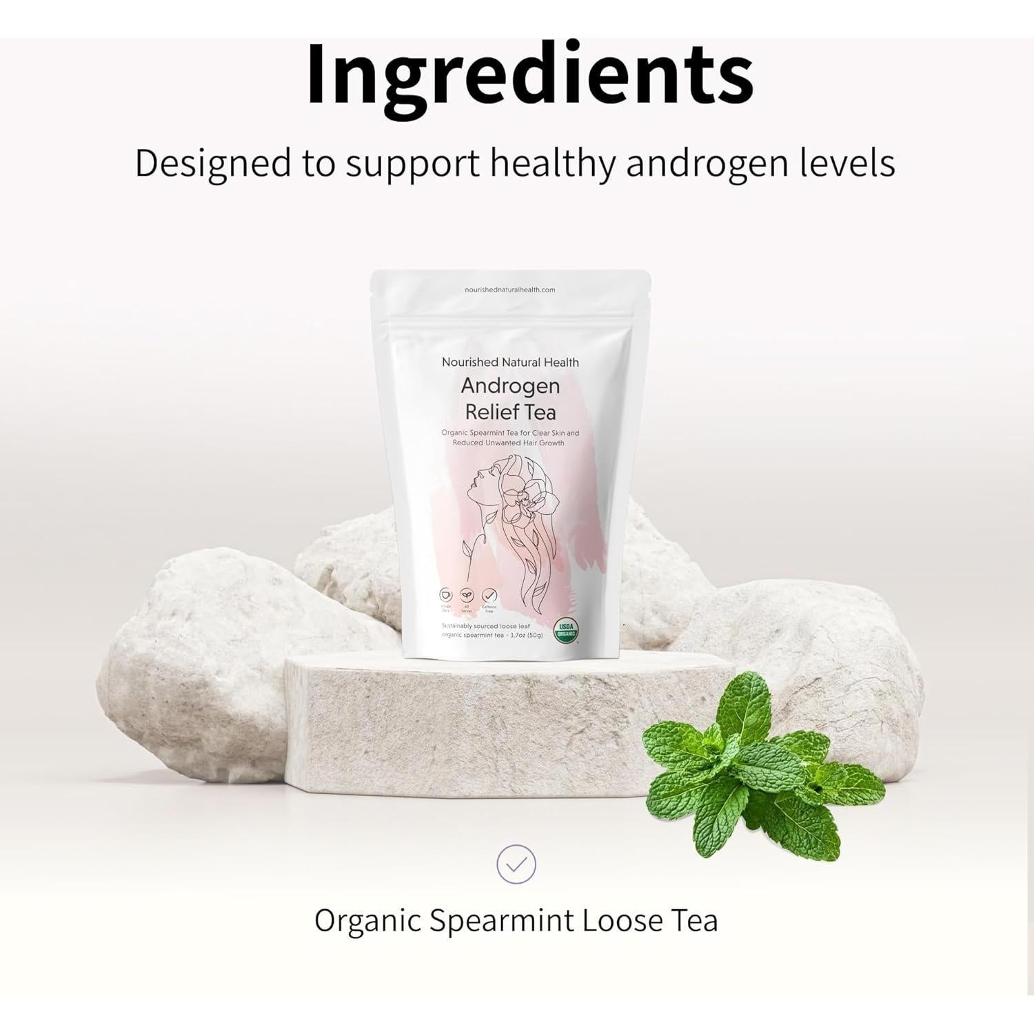 Nourished Androgen Relief Spearmint Tea - Organic Herbal Spearmint Tea for Clear Skin and Reduced Unwanted Facial Hair Growth - 120 Servings