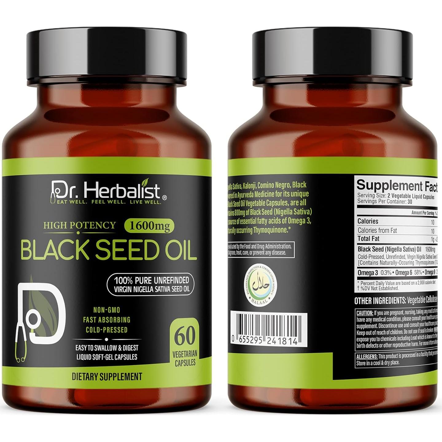 Cápsulas de Aceite de Semilla Negra Dr. Herbalist 1600mg - 60 Gelatinas