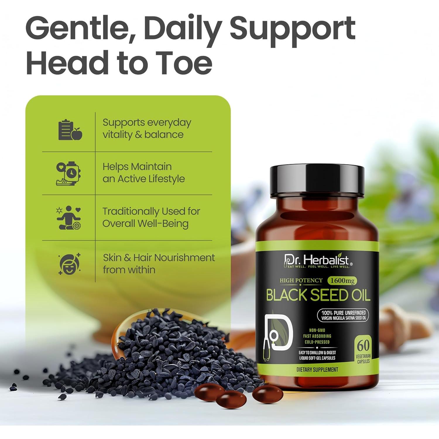 Cápsulas de Aceite de Semilla Negra Dr. Herbalist 1600mg - 60 Gelatinas