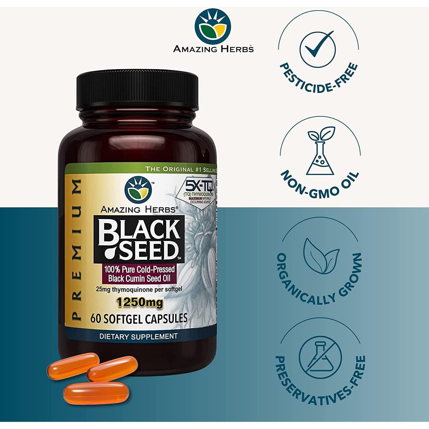 Cápsulas de Aceite de Semilla Negra Amazing Herbs 60 Unidades 1250mg