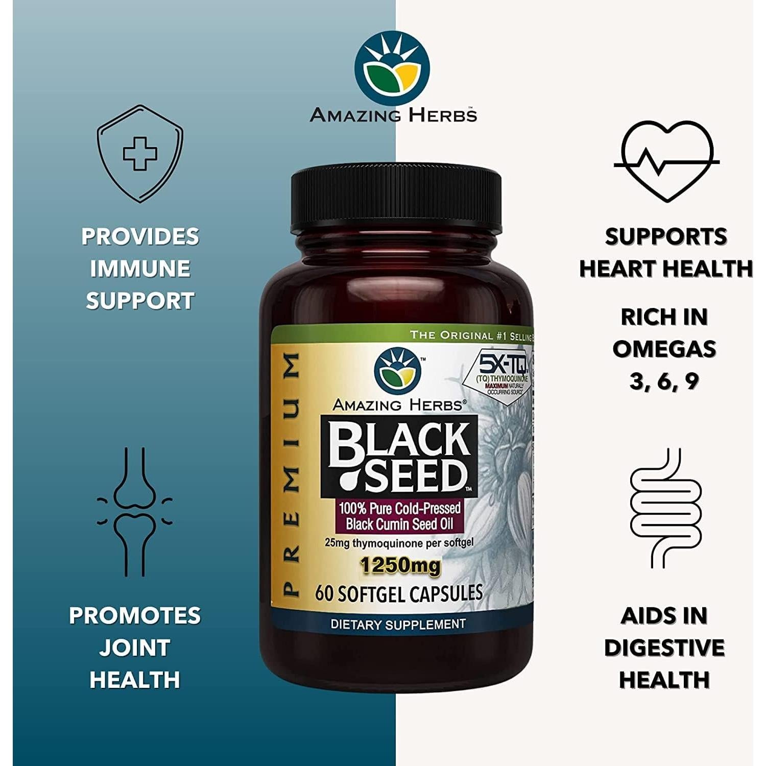 Cápsulas de Aceite de Semilla Negra Amazing Herbs 60 Unidades 1250mg