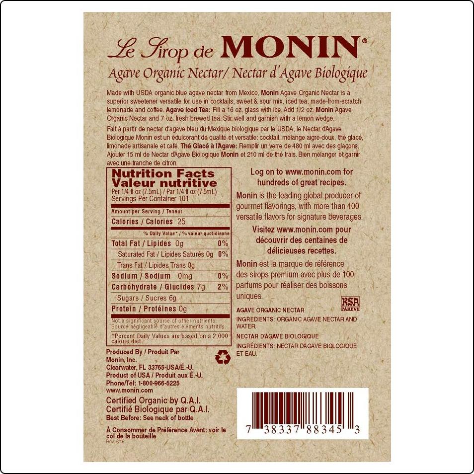 Jarabe de Agave Orgánico Monin 750 ml - Sin Gluten, No OGM