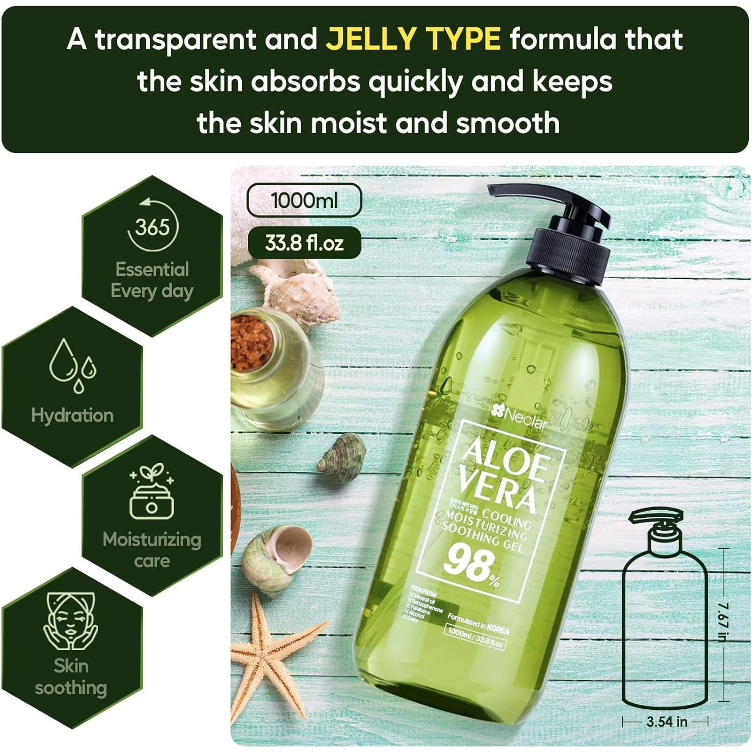 Gel de Aloe Vera 98% Puro Neclar 1000ml - Hidratante Multiusos