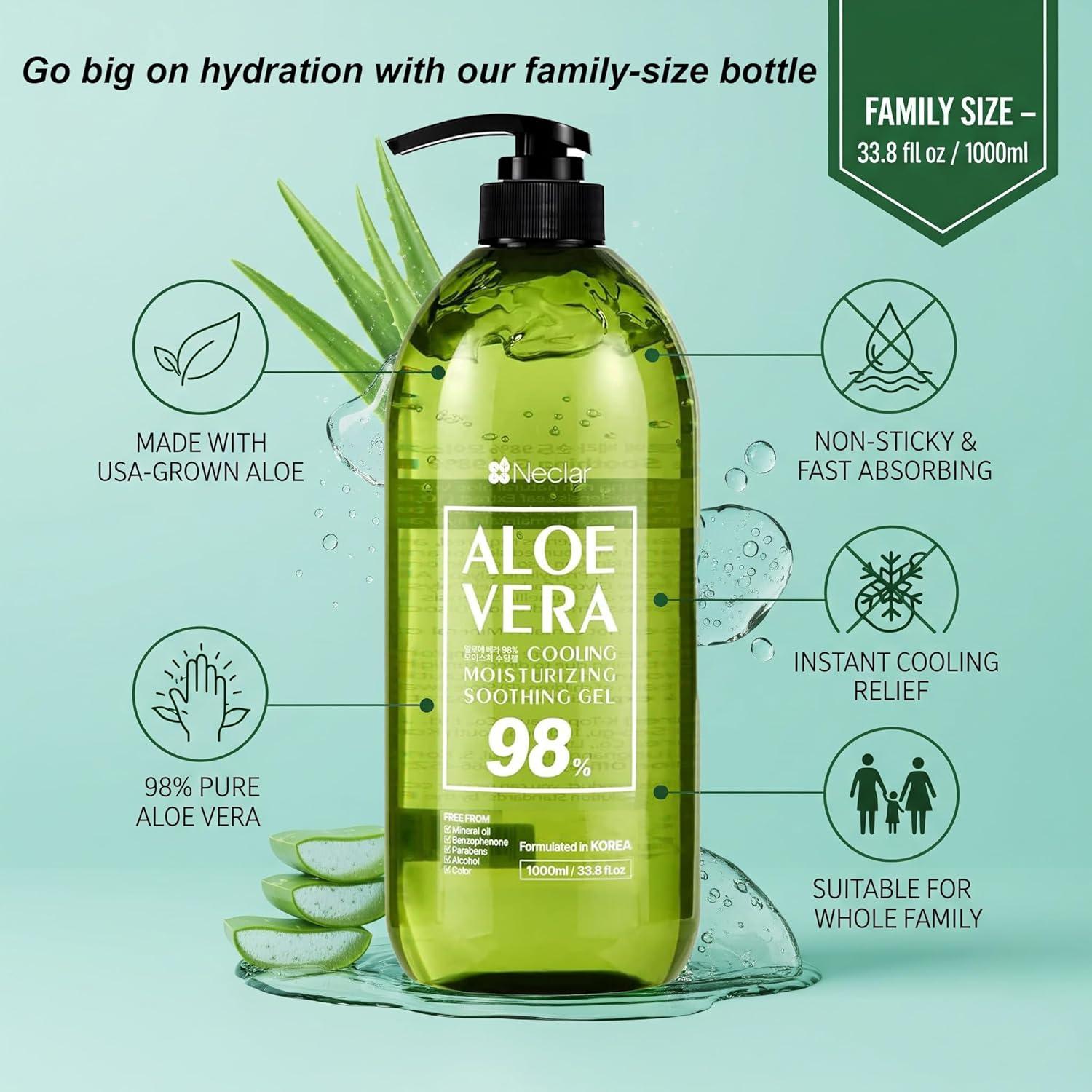 Gel de Aloe Vera 98% Puro Neclar 1000ml - Hidratante Multiusos