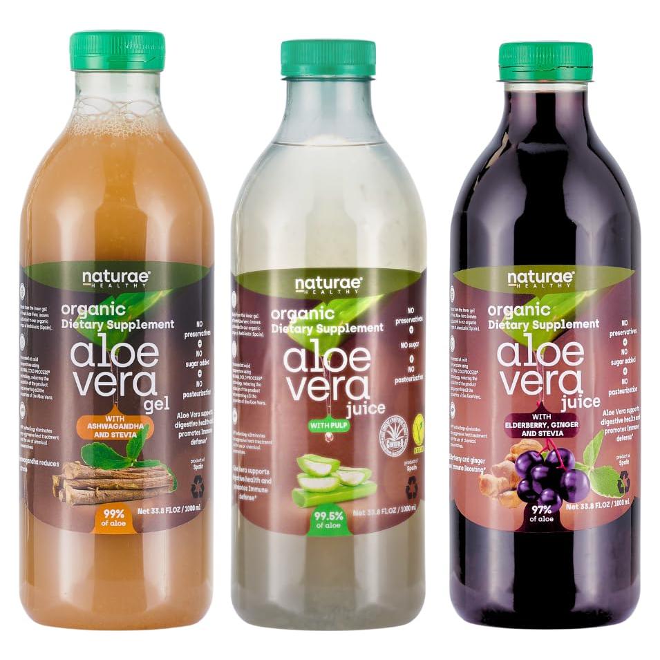 Jugo de Aloe Vera Orgánico Naturae 3 x 1000 ml con Pulpa y Ashwagandha