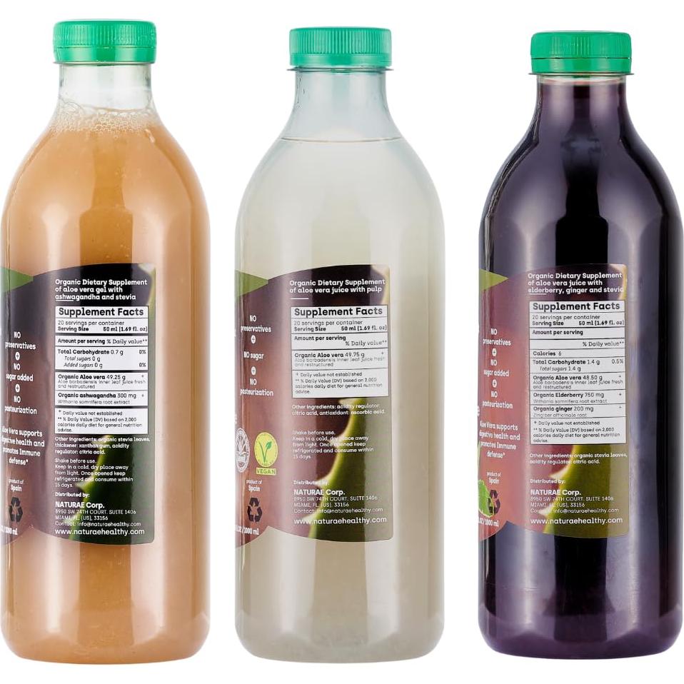 Jugo de Aloe Vera Orgánico Naturae 3 x 1000 ml con Pulpa y Ashwagandha