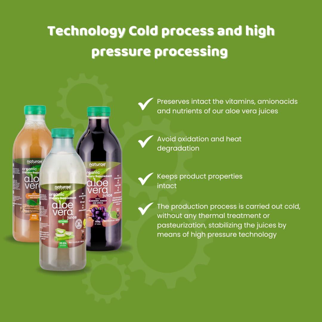 Jugo de Aloe Vera Orgánico Naturae 3 x 1000 ml con Pulpa y Ashwagandha