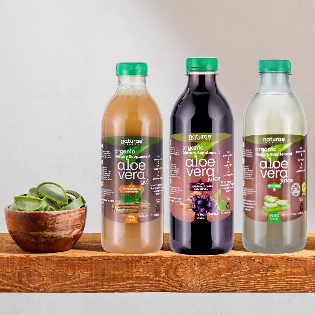 Jugo de Aloe Vera Orgánico Naturae 3 x 1000 ml con Pulpa y Ashwagandha