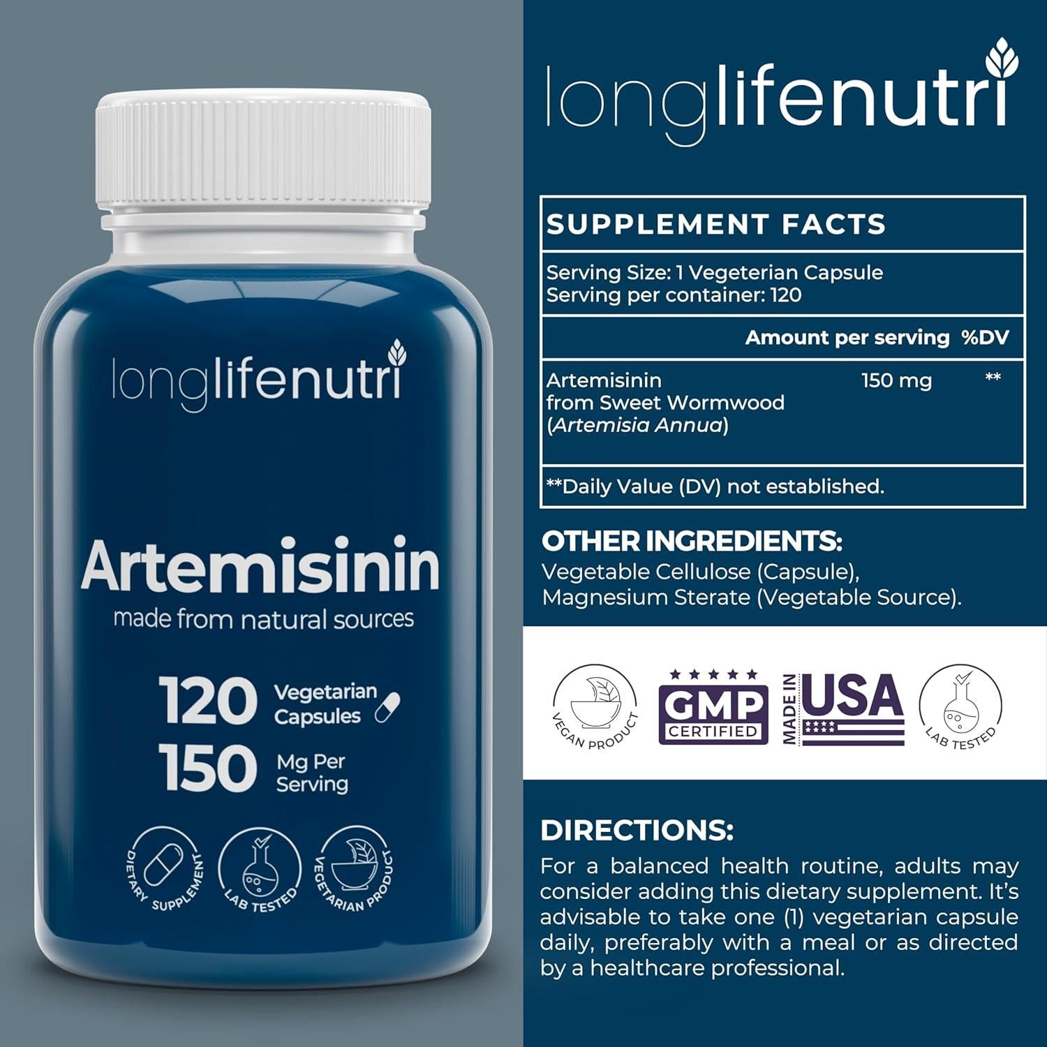LongLifeNutri Artemisinina 150mg - 120 Cápsulas Vegetarianas