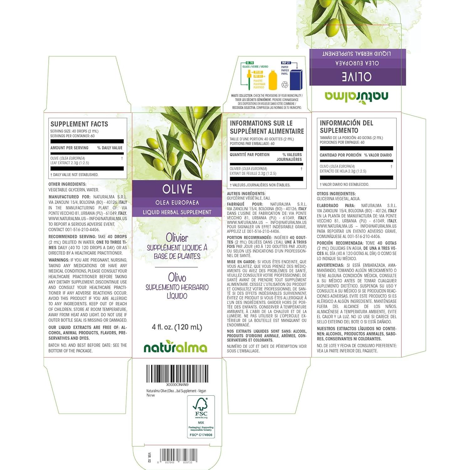 Tintura de hoja de olivo Naturalma 118 ml - Suplemento herbal vegano