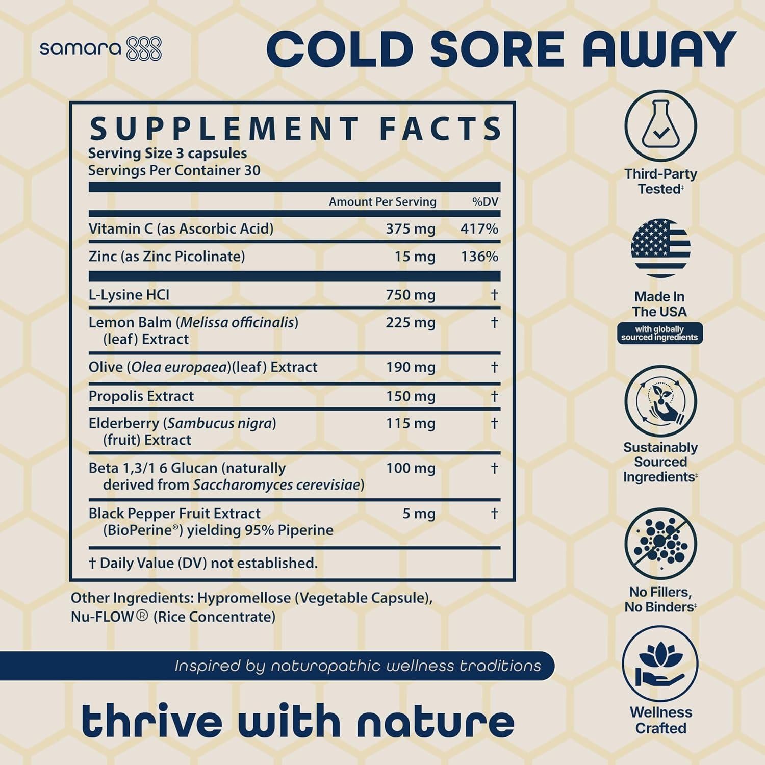 Suplemento Herbal Samara 888 L Lisina 90 Cápsulas para Herpes Labial