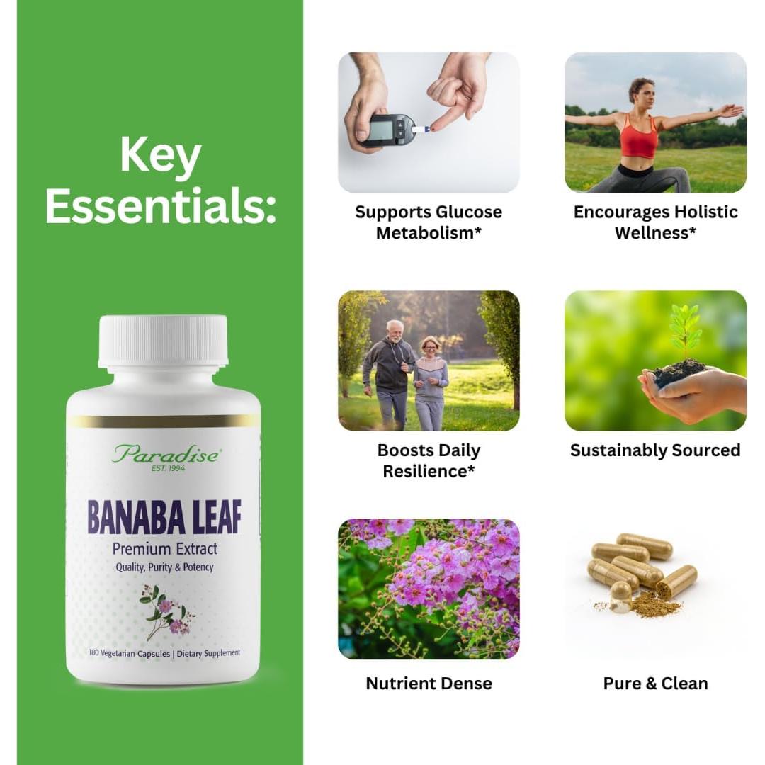 Suplemento Herbal Hoja de Banaba 250 mg Hierbas del Paraíso 180 Cápsulas