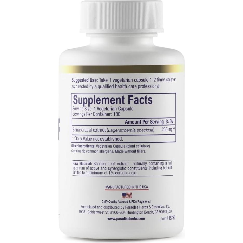 Suplemento Herbal Hoja de Banaba 250 mg Hierbas del Paraíso 180 Cápsulas