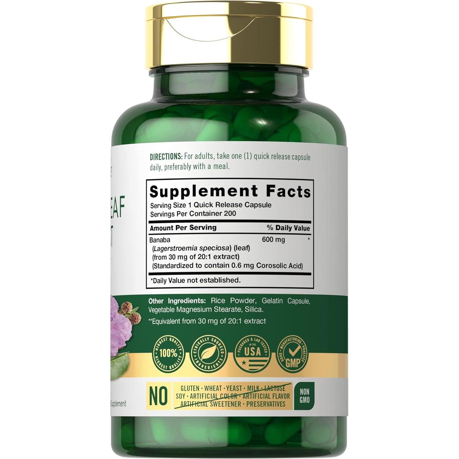 Cápsulas de Extracto de Hoja de Banaba Carlyle 600mg - 200 Unidades