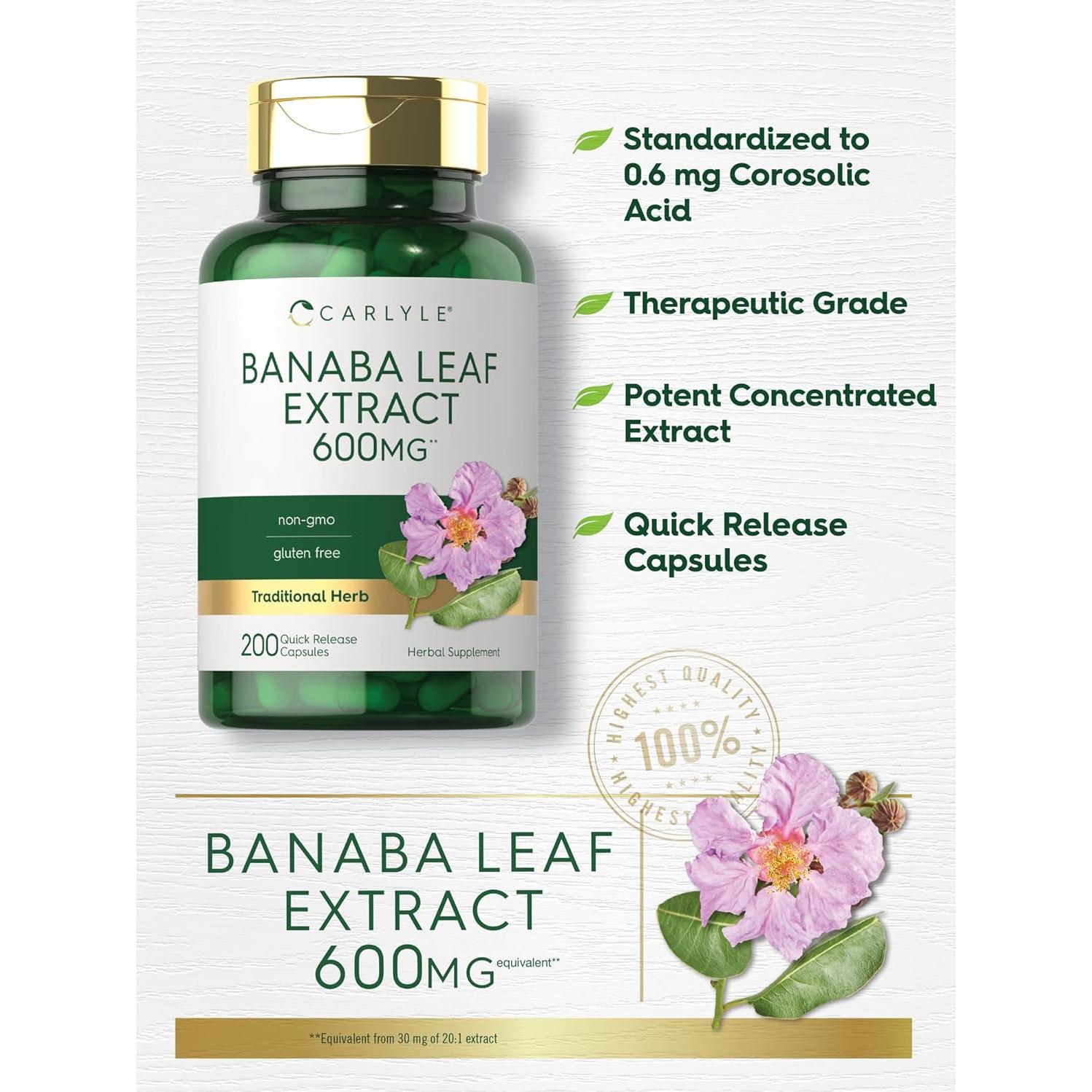 Cápsulas de Extracto de Hoja de Banaba Carlyle 600mg - 200 Unidades